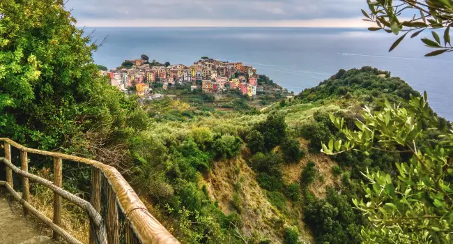 Scenic view of Vernazza from a hiking trail with colourful houses and the sea.