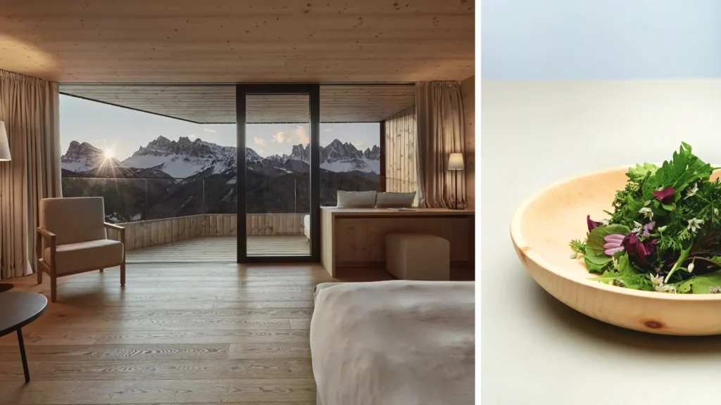A Forestis suite overlooking the snowy Dolomites