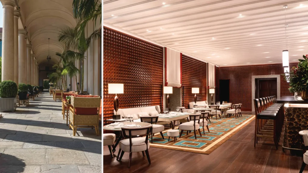 Elegant portico and Ten Eleven Bar at Portrait Milano, a luxury hotel in Milan, Italy. | Design Your Italy